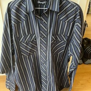 Wrangler Men's Navy and White Striped Pearl snap Shirt